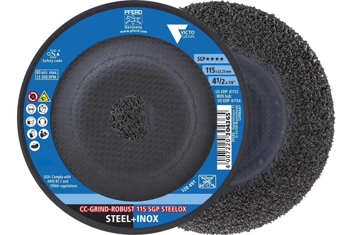 Picture of Pferd Grinding disc, CC-Grind®-Robust, 4-1/2" x 7/8, SGP Steelox Victograin®, Ceramic